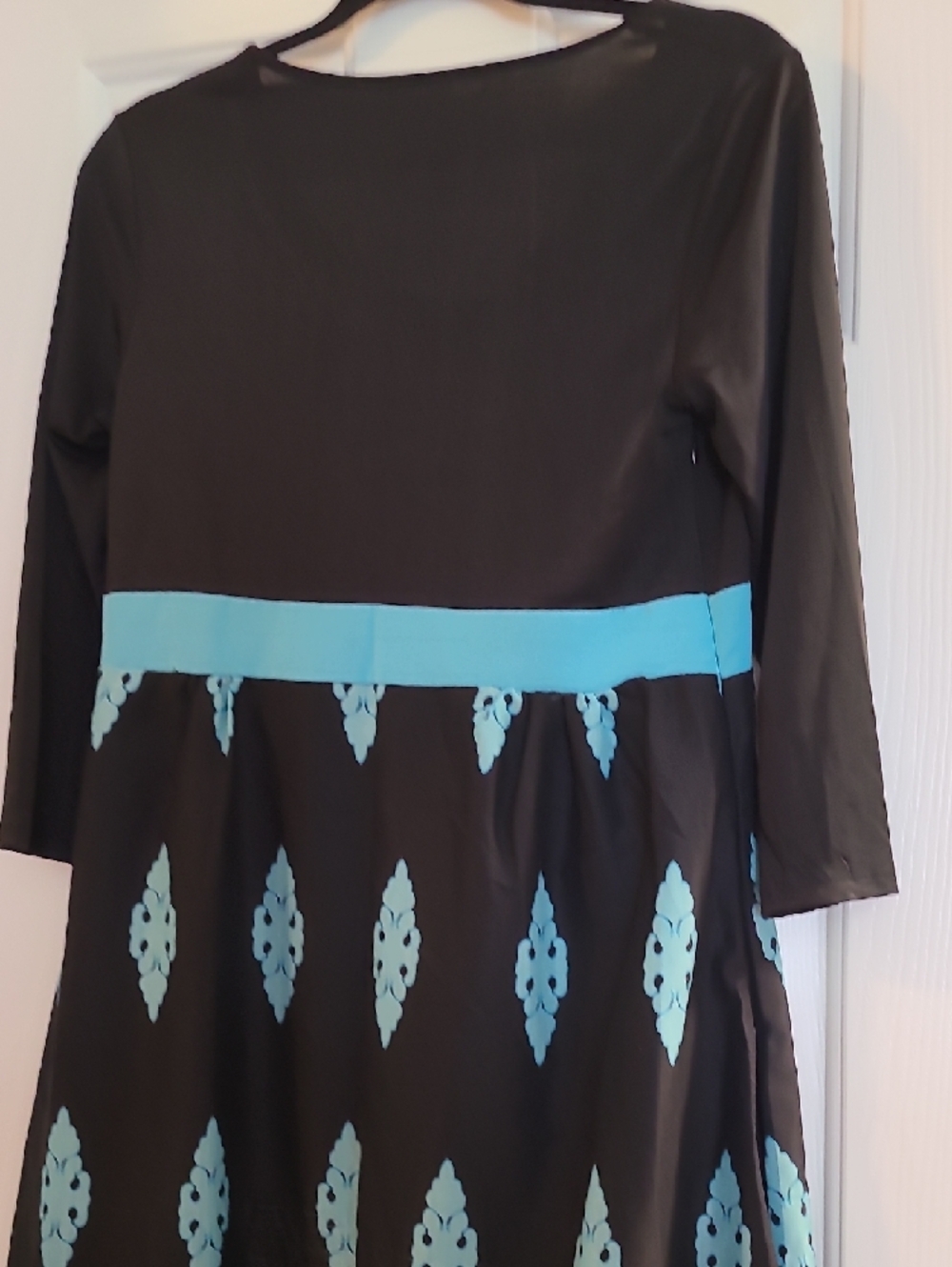 Black Dress with Teal Pattern and Waistband - Picture 6 of 6
